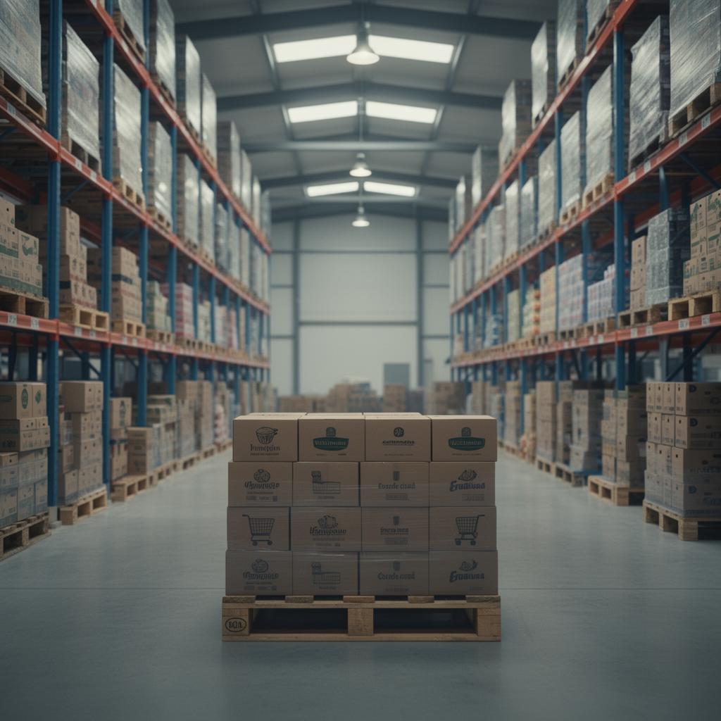 Imported food cartons stacked on pallets inside a modern distribution warehouse