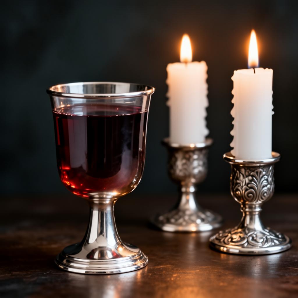Silver kiddush cup with red wine and lit Shabbat candles